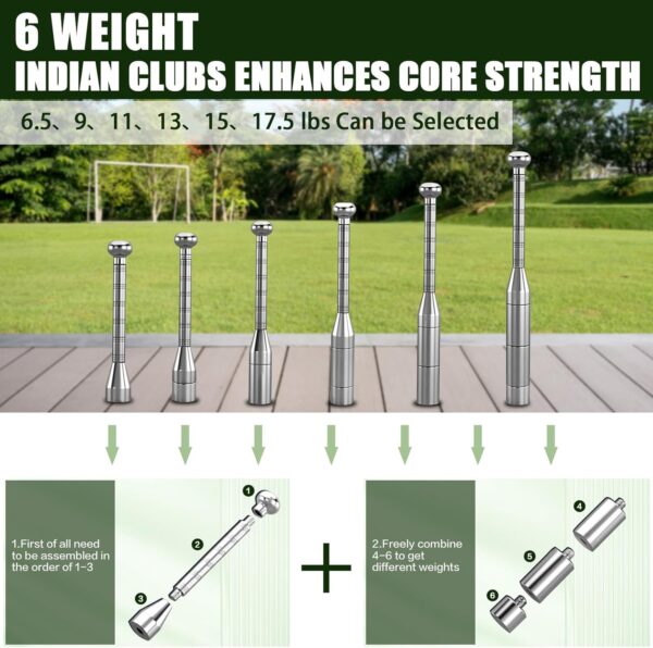 Adjustable Macebell Clubbell, 6-in-1 Premium Steel Indian Club, Strength Training Equipment for Full Body, Muscles, Shoulder, Grips & Forearms Workouts(6.5/9/11/13/15/17.5LBs)