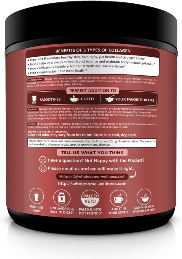 Multi Collagen Protein Powder Hydrolyzed (Type I II III V X) Grass-Fed All-in-One Super Bone Broth + Collagen Peptides - Premium Blend of Beef, Chicken, Wild Fish, Eggshell, 58 Servings, Unflavoured
