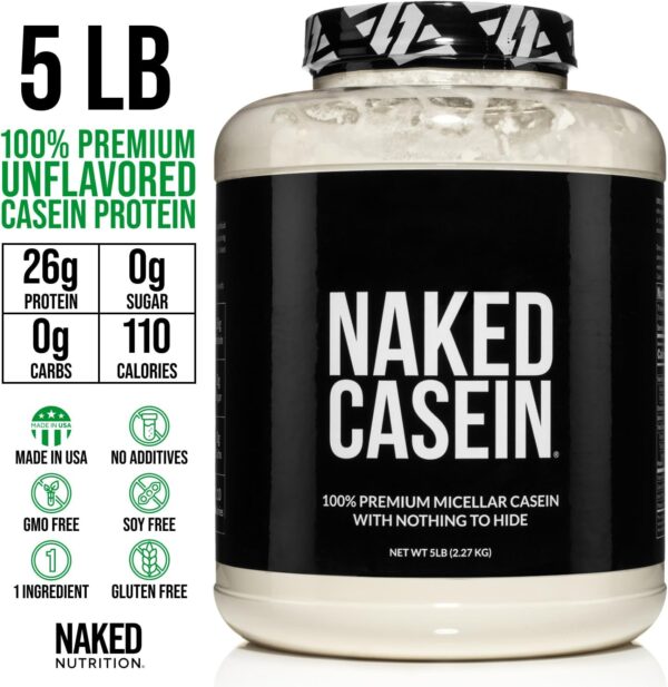 Naked Casein - 5Lb Micellar Casein Protein Powder - Bulk, GMO-Free, Gluten Free, Soy Free, Preservative Free - Stimulate Muscle Growth - Enhance Recovery - 76 Servings
