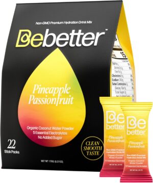 BeBetter Organic Electrolytes Powder Packets | Daily Electrolyte Drink Mix | Organic Coconut Water | No Artificial Flavors | Sugar Free Hydration Packets | non-GMO 22 Sticks (Pineapple & Passionfruit)