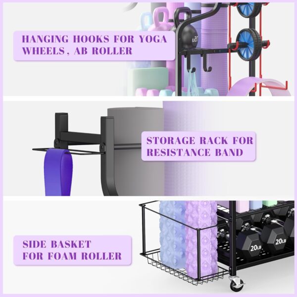 Mythinglogic Yoga Mat Storage Racks,Home Gym Storage Rack for Dumbbells Kettlebells Foam Roller, Yoga Strap and Resistance Bands, Workout Equipment Storage Organizer With Hooks and Wheels
