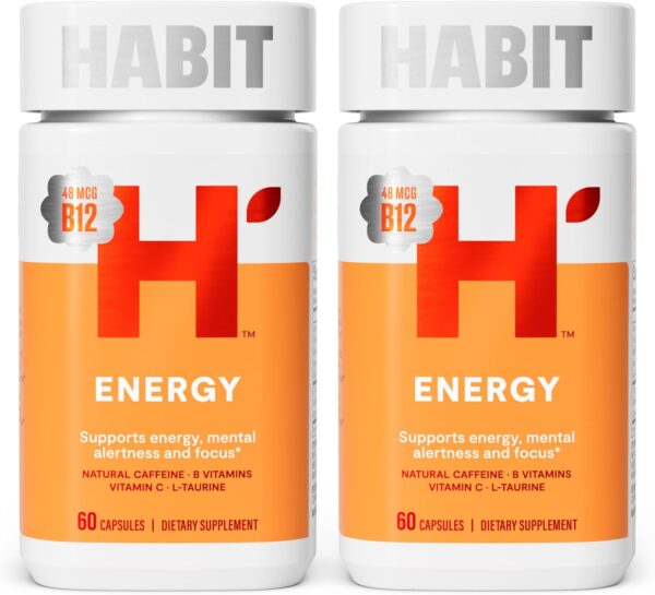 Habit Energy Supplement 2 Pack (120 Capsules) - New Look, Supports Energy, Mental Alertness and Focus, Natural Caffeine, Vitamins B & C, Green Tea Extract, Vegan, Non-GMO