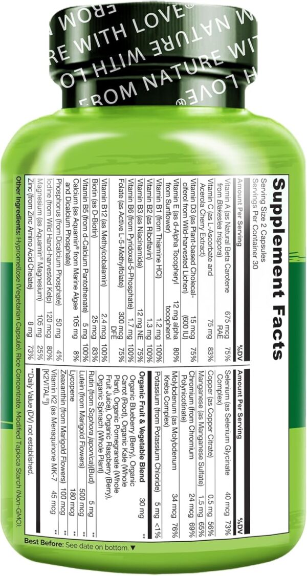 NATURELO Whole Food Multivitamin for Teenage Boys - Vitamins and Minerals Supplement for Active Kids - with Plant Extracts - Non-GMO - Vegan & Vegetarian - 60 Capsules