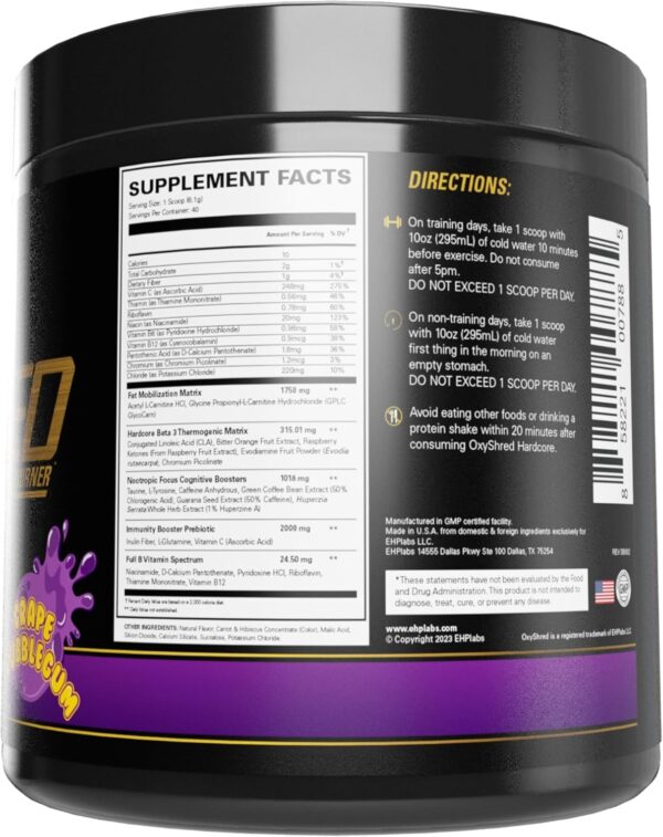 EHP Labs OxyShred Hardcore Super Dosed Pre Workout Powder - Preworkout Powder with L Glutamine & Acetyl L Carnitine, Energy Boost Drink - 275mg of Caffeine - Grape Bubblegum, 40 Servings