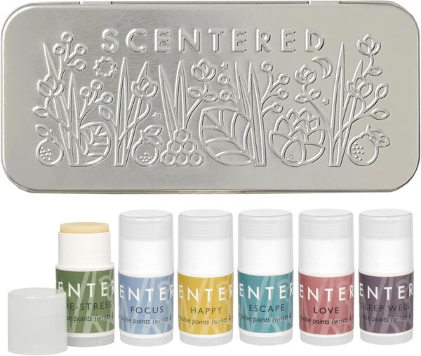 Scentered Aromatherapy Gift Set Discovery Tin - 6X Mini Balms: Sleep Well, De-Stress, Focus, Escape, Happy, Love - Lavender, Rosemary, Ylang Ylang Essential Oils - Aromatherapy Gifts for Women