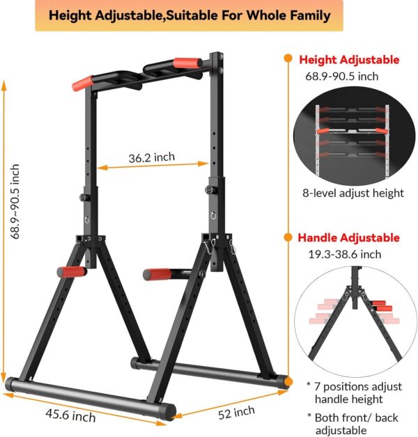 DOBESTS Foldable Power Tower Pull Up Bar Dip Station Adjustable Multifunction Workout Pull Up Tower Station Gym Strength Training Equipment for Home Outdoor, Triangular Legs, Support 700lbs