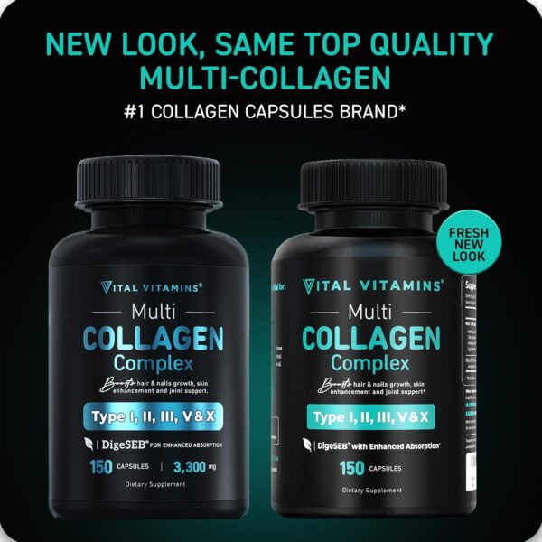Vital Vitamins Multi Collagen for Women & Men (2-Pack) - Type I, II, III, V, X - Grass Fed, Non-GMO - 300 Capsules
