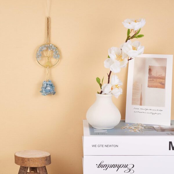 Healing Crystal Ornament Tree of Life Natural Aquamarine Tree of Life Charm Car Rearview Mirror Accessories Hippie Boho Interior Room Wall Ornament Meditation Good Luck Decoration