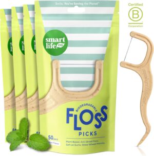 SmartLifeco Biodegradable Dental Floss Picks - Plant Based Handle, Thin Thread Tooth Flossers for Adults & Kids, Eco Friendly Toothpick Soft on Gum & Teeth, Compostable Zero Waste Vegan, 200 Mint