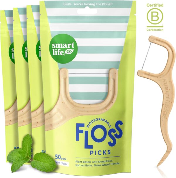 SmartLifeco Biodegradable Dental Floss Picks - Plant Based Handle, Thin Thread Tooth Flossers for Adults & Kids, Eco Friendly Toothpick Soft on Gum & Teeth, Compostable Zero Waste Vegan, 200 Mint