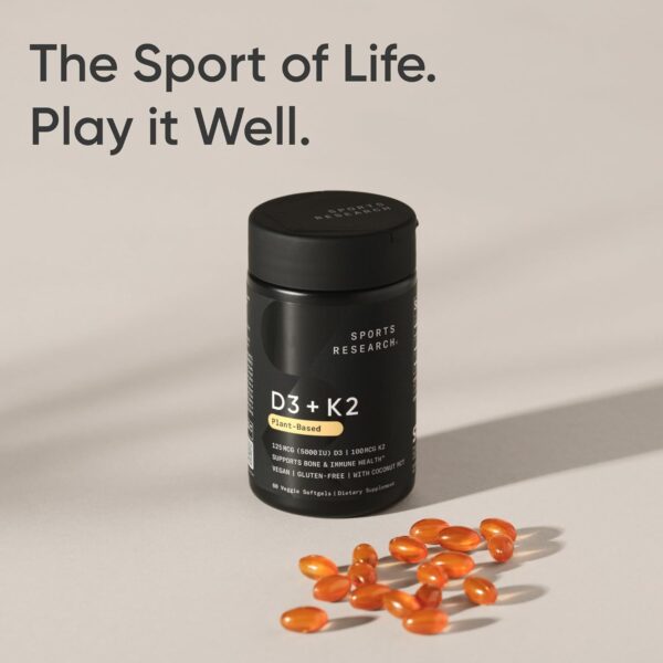 Sports Research Vitamin D3 K2 with Coconut Oil | Plant Based Vitamin K2 MK7 + Vegan D3 5000iu | Vegan Certified, Soy & Gluten Free - 60 Count Softgels