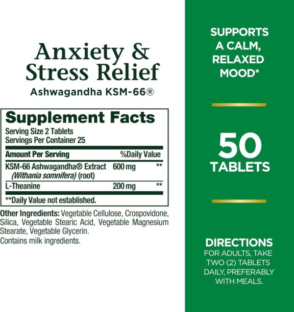 Nature’s Bounty Anxiety & Stress Relief Ashwagandha KSM 66 Tablets, Mood Support, 50 Count