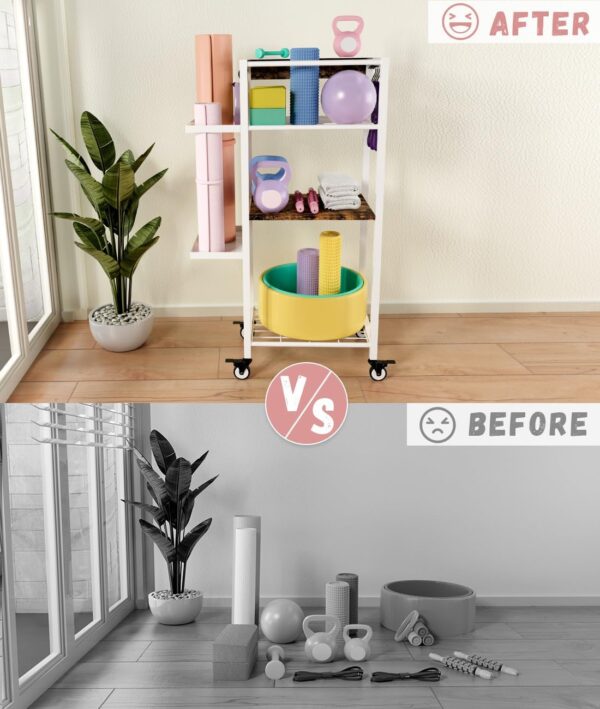 Yoga Mat Storage Rack with Wheels, 3 Tier Home Gym Workout Equipment Organizer for Dumbbells, Kettlebells, Foam Rollers