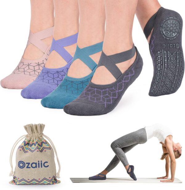 Ozaiic Yoga Socks for Women Non-Slip Grips & Straps, Ideal for Pilates, Pure Barre, Ballet, Dance, Barefoot Workout