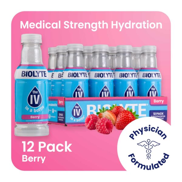 BIOLYTE Electrolyte Drink - Hydration Drink, Medical-Grade Flavored Water with Electrolytes, Sports Drinks, Liquid Energy & Rehydration, IV in a Bottle - Berry, 16 Fl Oz (12 Pack)