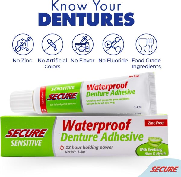 Secure Sensitive Denture Adhesive with Aloe Vera & Myrrh – 12-Hour Max Hold – Patented Waterproof Seal – for All Denture Types – Food Grade Ingredients – FSA HSA Approved – 1.4 oz