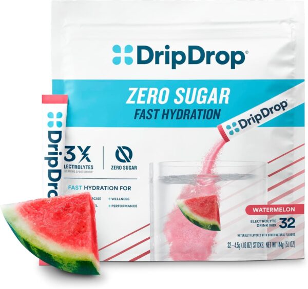 DripDrop Hydration - Zero Sugar Watermelon - Electrolyte Drink Mix Single Serve Powder Packets | Non-GMO, Gluten Free, Vegan | 32 Sticks