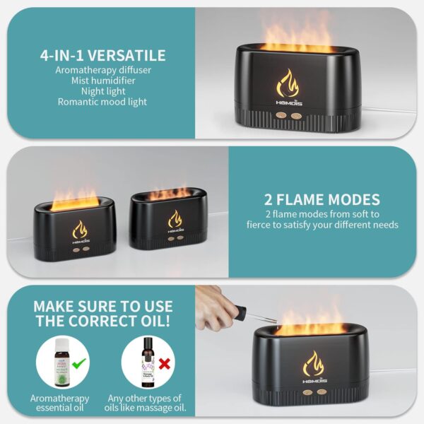 Essential Oil Diffusers, Quiet Flame Diffuser, 7 Colors Modes Changed Light Flame Humidifer, Auto Shut Off Aromatherapy Diffuser, Black