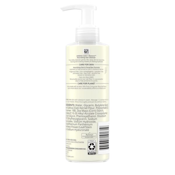 Aveeno Calm + Restore Facial Cleanser for Sensitive Skin, Hydrating Gentle Milky Face Cleanser with Nourishing Oat and Feverfew, Hypoallergenic Formula, Fragrance Free, 7.8 FL OZ