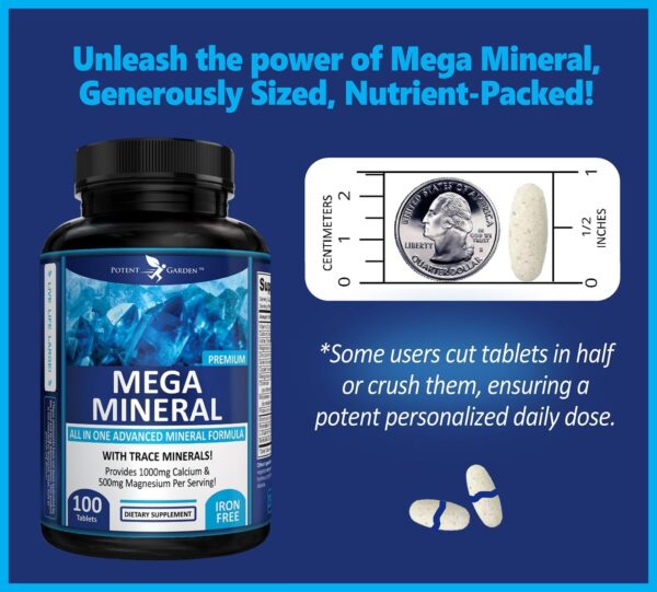 Potent Garden 2-Pack Mega Mineral Supplement Complete Mineral Complex with Calcium Magnesium Zinc Potassium Boron Selenium Chromium & 72 Trace Minerals Iron Free Calcium Supplement -200 Pills
