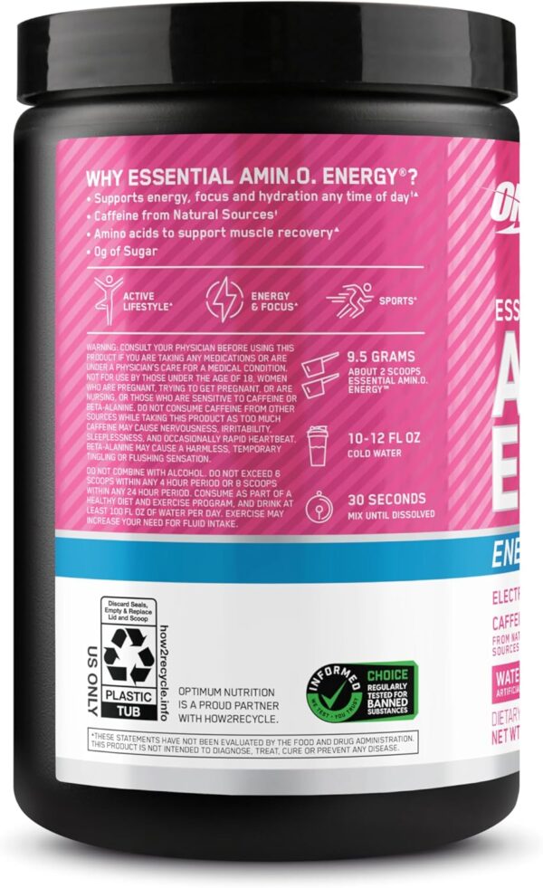 Optimum Nutrition Amino Energy Powder Plus Hydration, with BCAA, Electrolytes, and Caffeine, Watermelon Splash, 30 Servings (Packaging May Vary)