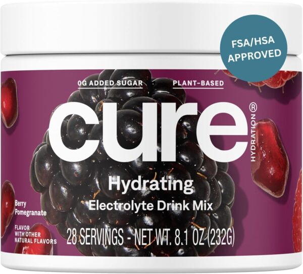 Cure Hydration | Plant-Based Electrolyte Drink Mix | No Added Sugar | FSA & HSA | Dehydration Relief Powder Made with Coconut Water | Non-GMO | Vegan | 28 Servings Jar - Berry Pomegranate