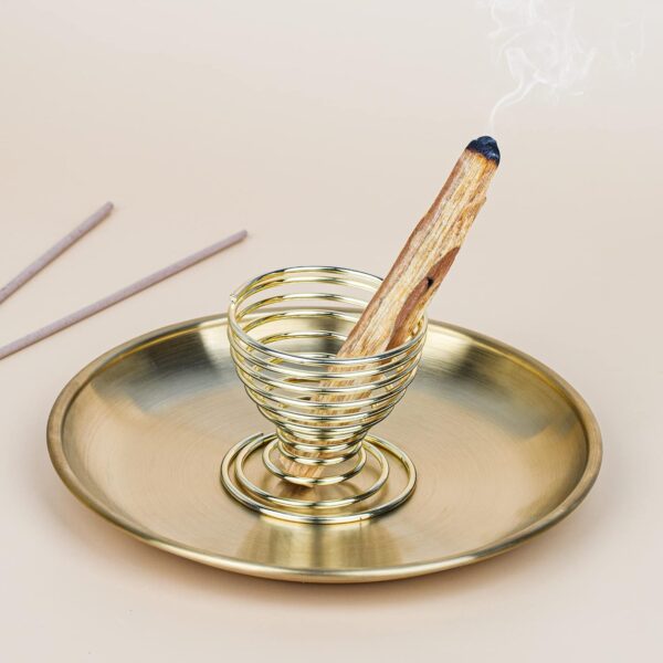 ZenBless 5 in 1 Incense Burner, Palo Santo Holder, Sage Holder, Incense Holder for Incense Sticks/Coil Incense/Incense Cones, 5.5 inches Brass Ash Catcher for Meditation Yoga Room (Gold_2pcs)
