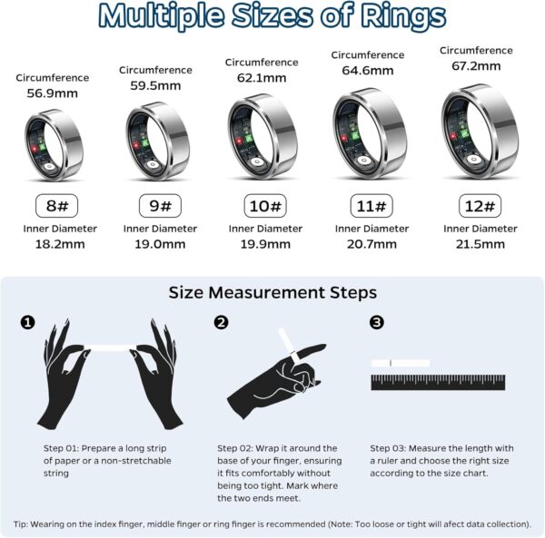 Smart Ring Health Tracker, Sleep Tracker Ring with Heart Rate, Waterproof Fitness Ring for Activity Monitoring/Steps/Distance/Calories, Air Gestures, Up to 7-Day Battery, for iOS Android (Silver,#8)