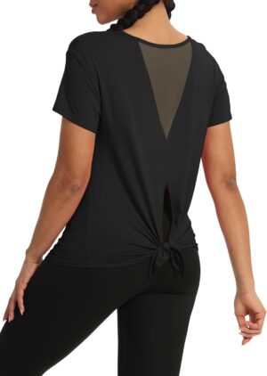 Bestisun Women Short Sleeve Workout Athletic Shirts Tie Back Sports Gym Tops Mesh Yoga Clothes