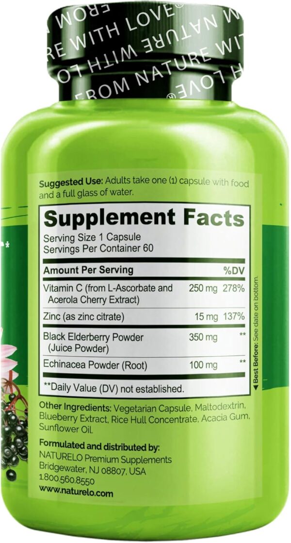 NATURELO Immune Support – Vitamin C, Elderberry, Zinc, Echinacea – Natural Immunity Boost w/Antioxidant, Herbal & Mineral Defense - 60 Vegan Capsules (Pack of 2)
