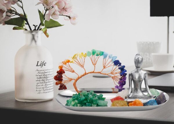 Meditation Accessories, Zen Spiritual Decor, 7 Chakra Crystal Tree Healing Stones and Yoga Statues, for Living Room, Office, Shelves, Mantle Decor, Birthday Gifts for Women