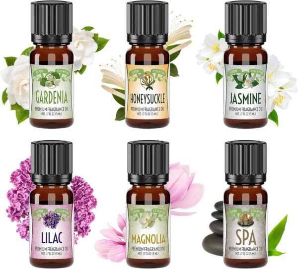 Good Essential Oil Set – 6-Pack Floral Aromatherapy – Gardenia, Honeysuckle, Jasmine, Lilac, Magnolia, Spa – for Candles, Soaps, Perfume, Diffuser, Home Care
