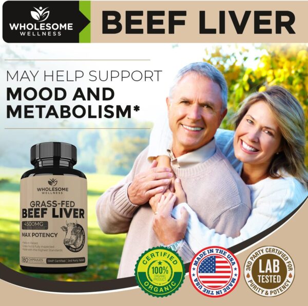 Wholesome Wellness Grass Fed Desiccated Beef Liver Capsules (180 Pills, 750mg Each) - Natural Iron, Vitamin A, B12 for Energy - Raised Undefatted in New Zealand Without Hormones or Chemicals