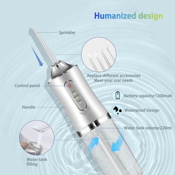 Water Dental Flosser Teeth Irrigator with 3 Modes Cordless Water Teeth Cleaner with 4 Replace Sprinkler Head IPX7 Waterproof Rechargeable Portable for Travel Home Braces Bridges Care