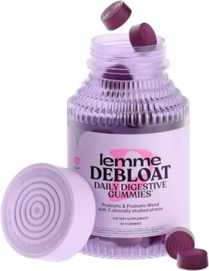 Lemme Debloat - Digestive & Gut Health Gummies with 2 Clinically Studied Probiotics & Prebiotic, 3 Billion CFUs - Vegan, Gluten Free, Non GMO, BlackBerry Flavor (60 Count)