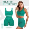 4 Pcs Women's Workout Sets Pilates Exercise Outfit Ribbed Scoop Neck Sports Bra Shorts Leggings Gym Clothes Set