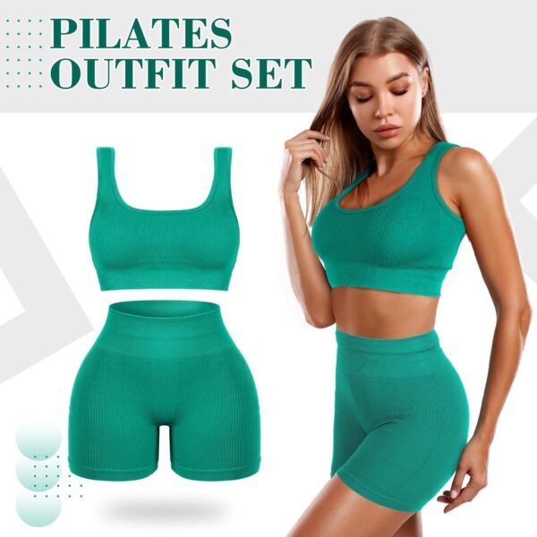 4 Pcs Women's Workout Sets Pilates Exercise Outfit Ribbed Scoop Neck Sports Bra Shorts Leggings Gym Clothes Set