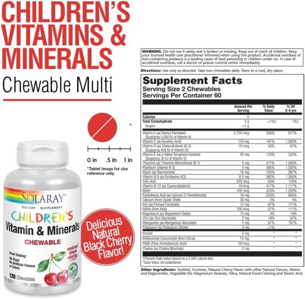 SOLARAY Childrens Vitamins & Minerals Complete Multivitamin for Kids Great Black Cherry Flavor (076280047974) (120 Chews, 60 Serv)