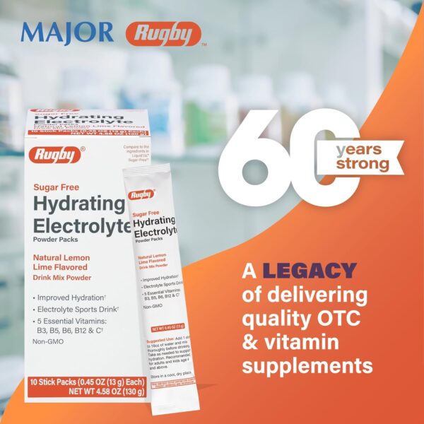 Rugby Sugar-Free Hydrating Electrolyte Powder Packs - Drink Mix Powder Packets with 5 Vitamins - Improved Hydration - Natural Lemon-Lime Flavor - 10 Stick Packs - 0.45 Oz Each (1 Pack)