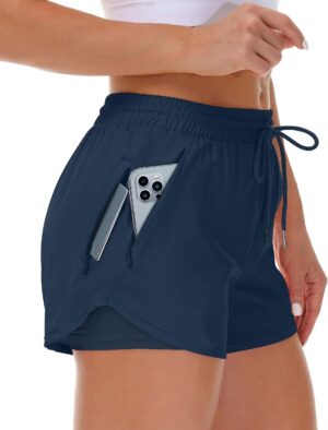 Women's Running Shorts with Liner 3 Zipper Pockets Elastic Workout Athletic Gym Yoga Shorts