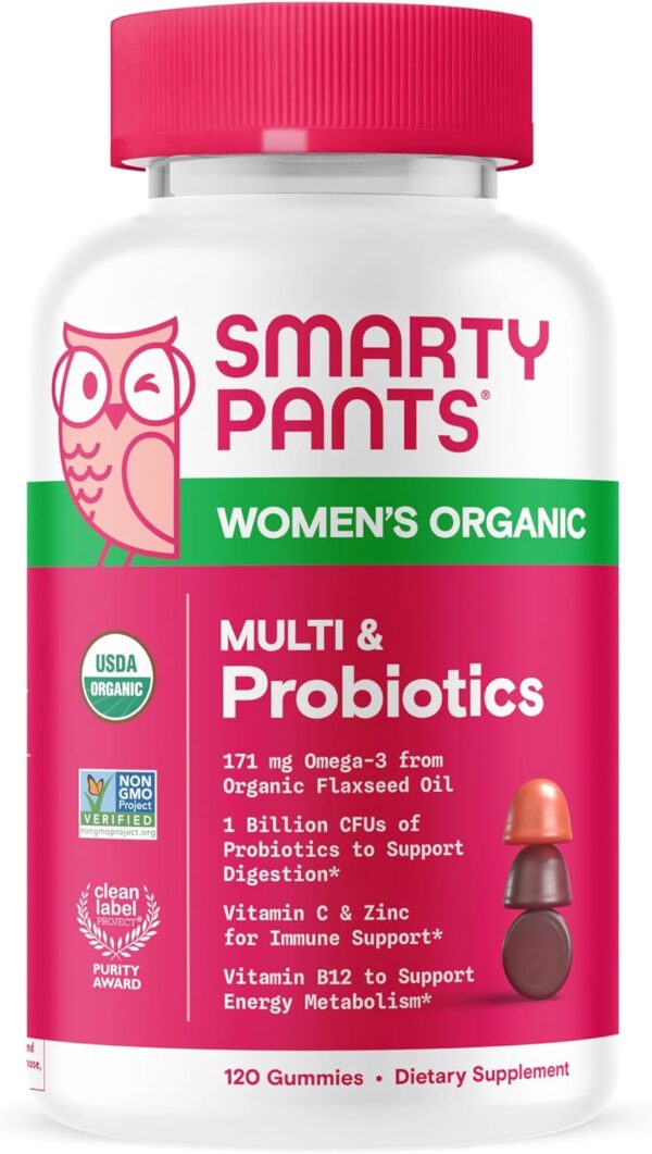 SmartyPants Organic Women's Multivitamin Gummies: Biotin, Probiotics, Methylfolate, Omega 3 (ALA), Vitamin D3, C, Vitamin B12, B6, A, K & Zinc, Inositol, Gluten Free, 120 Count (30 Day Supply)