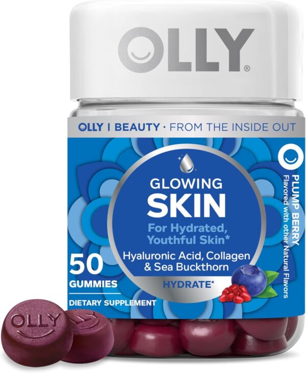 OLLY Glowing Skin Collagen Gummy, Hydrated, Youthful Skin, Hyaluronic Acid, Sea Buckthorn, Chewable Supplement, Berry, 25 Day Supply - 50 Count