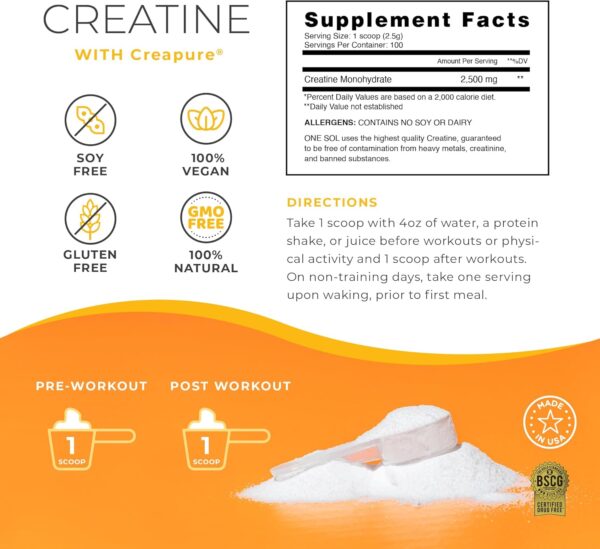 One Sol Creatine for Women Booty Gain, All Natural Women's Creatine Powder with Creapure, Increase Lean Muscle Mass, Reduce Recovery Time, Promotes Brain & Bone Health (Unflavored, 100 Servings)