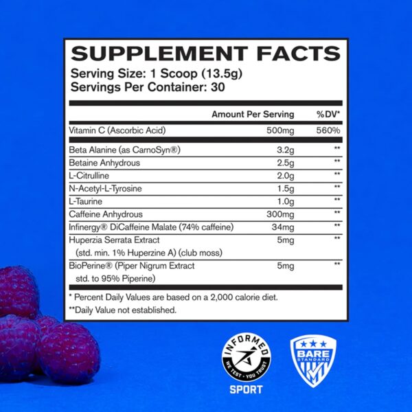 Bare Performance Nutrition BPN Flight Pre Workout, Supports Energy and Mental Focus, Improved Endurance & Muscle Pumps with CarnoSyn® Beta Alanine, Blue Raspberry, 30 Servings