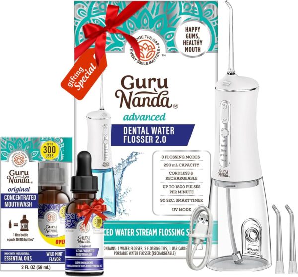 GuruNanda Advanced Water Flosser 2.0 with UV Mode & Concentrated Mouthwash Duo - Fresh Breath & Thorough Plaque Removal for a Brighter Smile