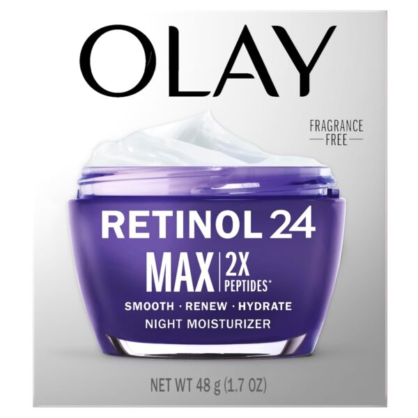 Olay Retinol Face Moisturizer, 24 MAX Anti-Aging Night Cream for Women, Fragrance-Free, Non Greasy - Anti-Wrinkle, Smooth Fine Lines, Tightening, Hydrating Skin Care - Peptides, Glycerin, 1.7 Oz
