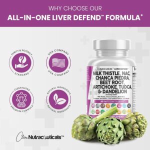Clean Nutraceuticals Milk Thistle NAC Chanca Piedra Beet Root Artichoke Dandelion Root - Liver Cleanse Detox & Repair Supplement Plus TUDCA Choline & Ginger 60 Count