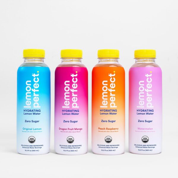 Lemon Perfect 4-Flavor Variety Pack, Hydrating Flavored Lemon Water, Zero Sugar, Refreshing, Organic, 15.2 fl oz Bottles (12-Pack)