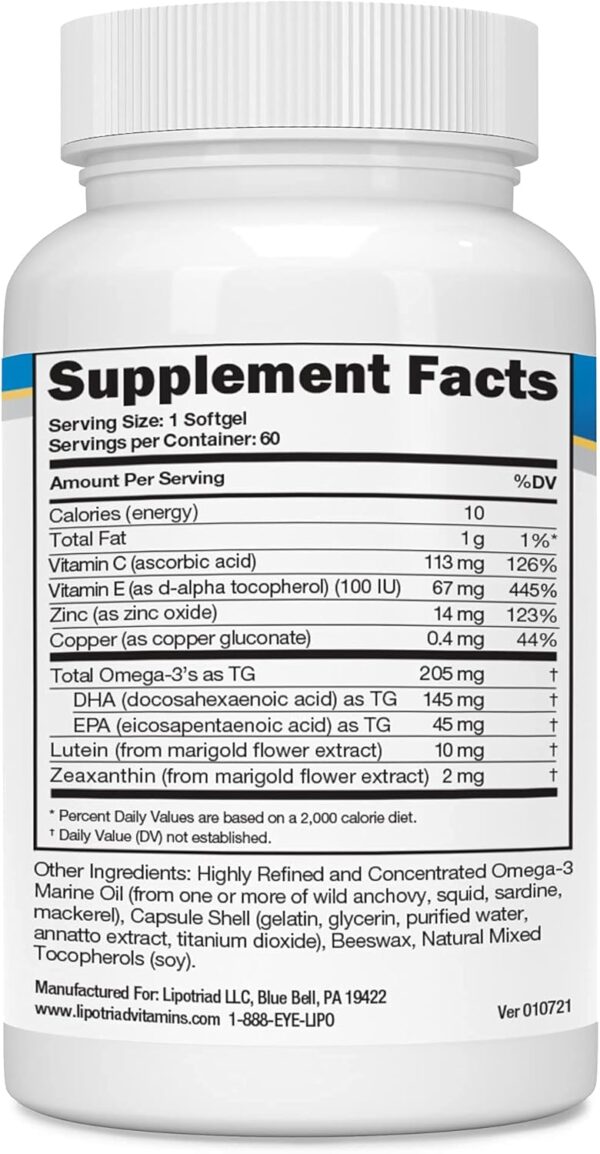 Eye Vitamin and Mineral Supplement with Zinc, Vitamins C & E, Omega 3, Lutein & Zeaxanthin - 60 Count