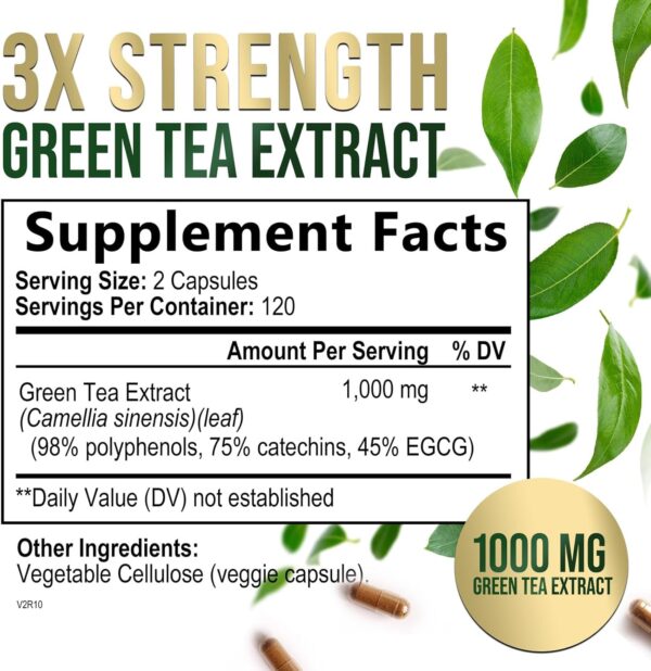 Green Tea Extract Capsules 1000mg 98% Standardized EGCG - 3X Strength for Natural Energy - Heart Support with Polyphenols - Gentle Caffeine - 240 Capsules